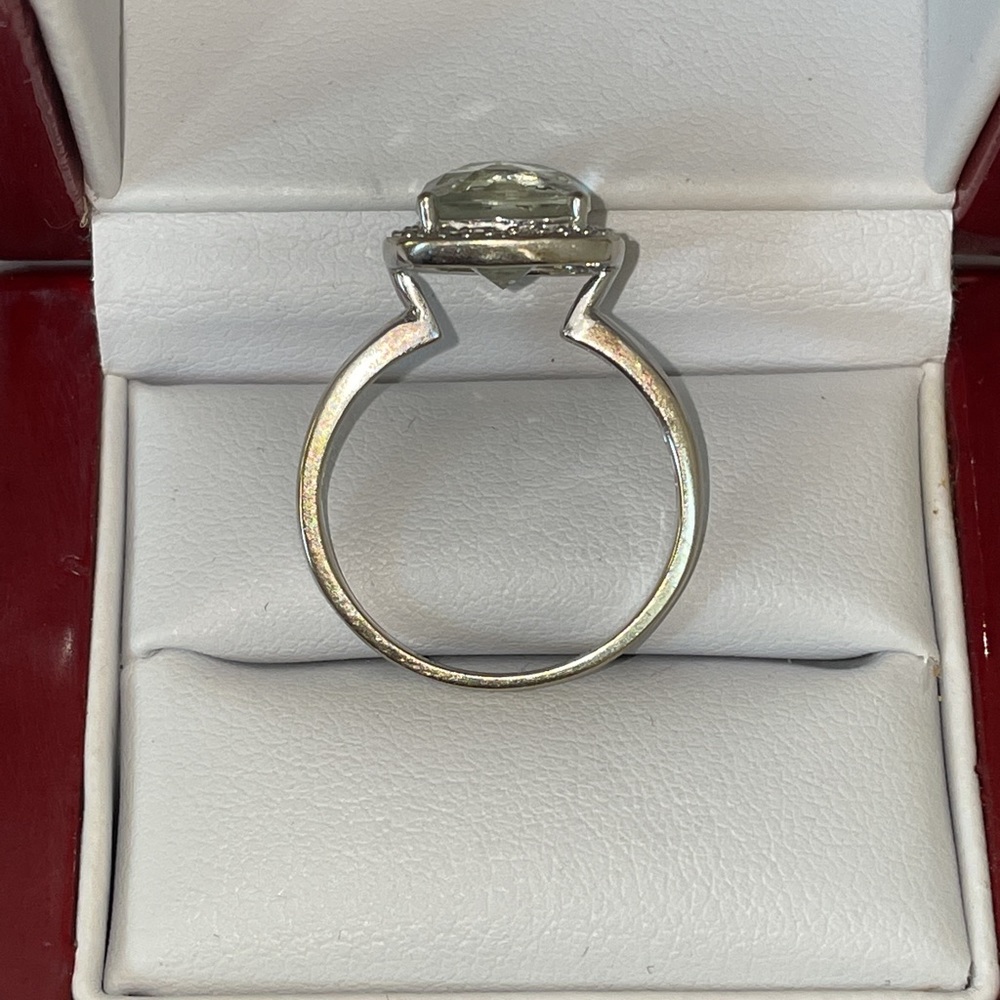 Dazzling White Gold Pale Green Prasiolite And Diamond Halo Ring - Picture 9 of 16